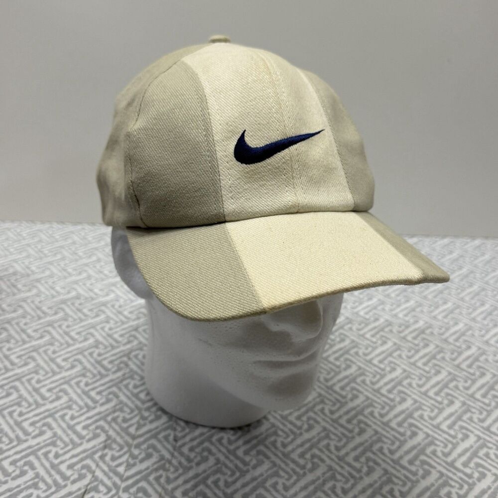 VTG 90s Nike Golf Center Swoosh Strapback Hat Two-Tone Cream Khaki Beige Dad Cap